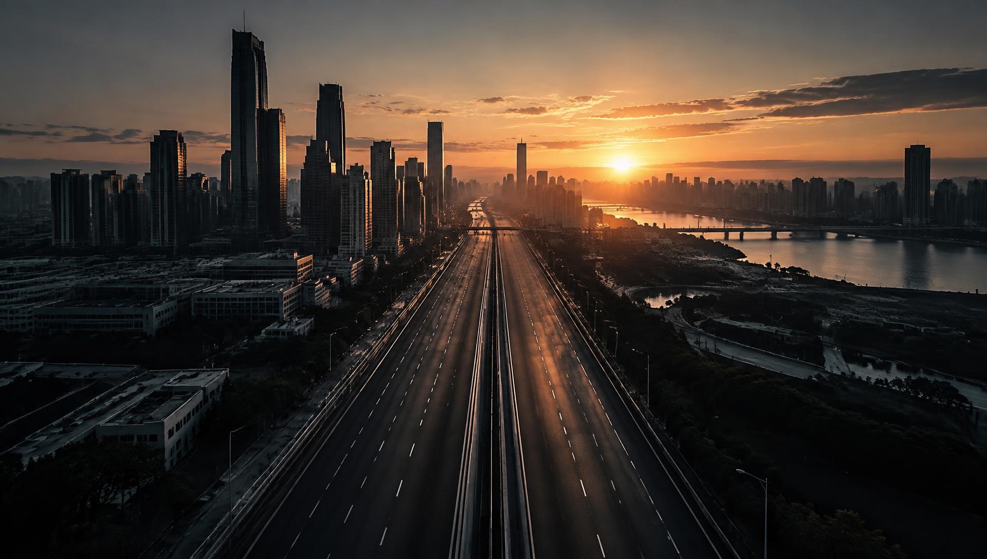 Avenida em direção ao horizonte da cidade ao nascer do sol
